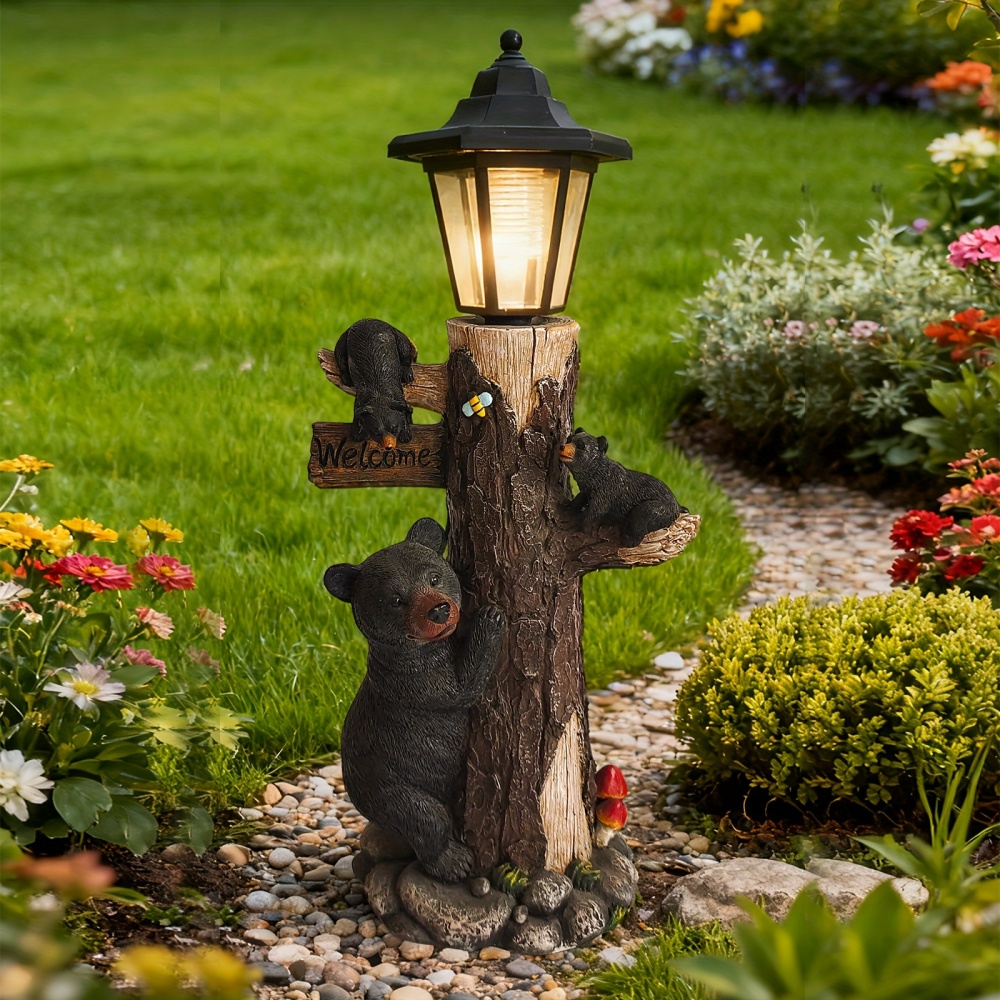 Outdoor Lighting On Trees - Black bear statue welcome sign garden